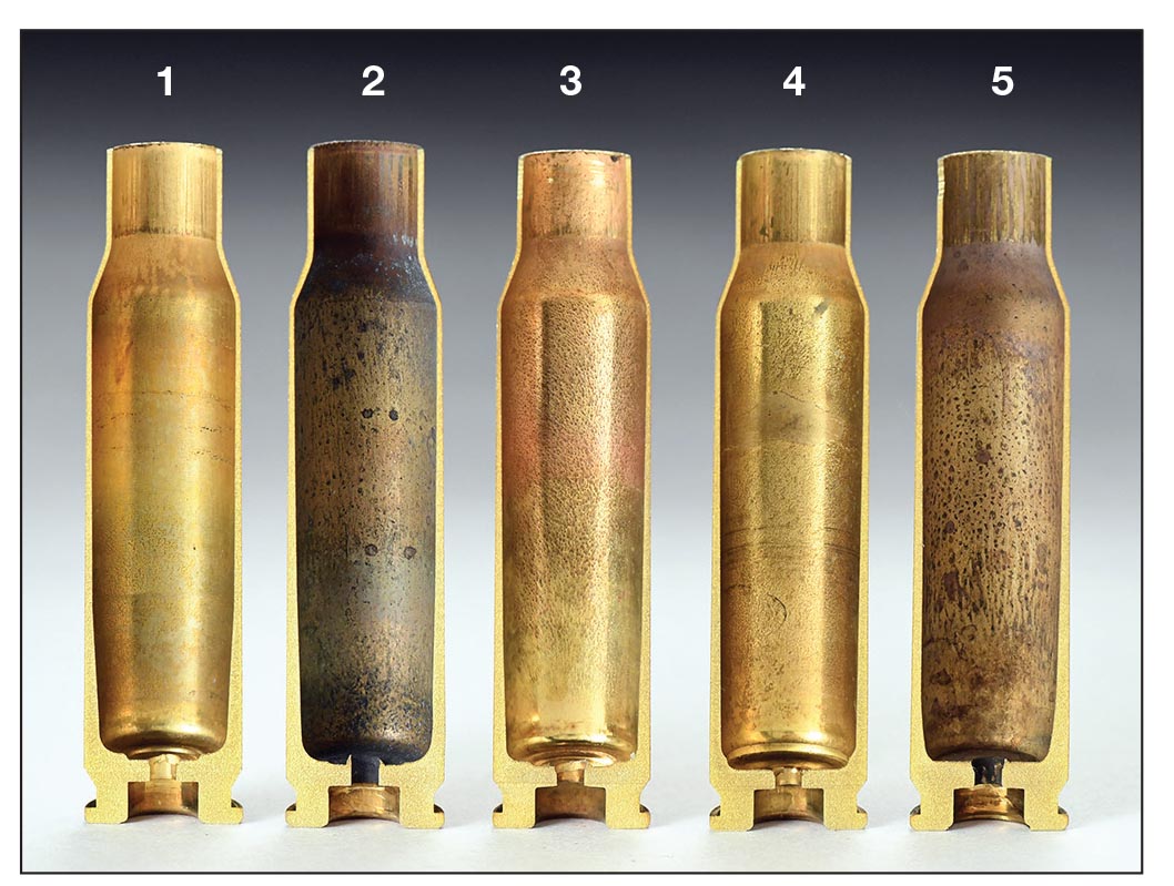Hardness is not the only factor that affects brass life from a handloading standpoint. Cases vary in construction. These .308 Winchester cases include (1) Hornady, (2) Federal, (3) Winchester, (4) Nosler and (5) Lake City 11.